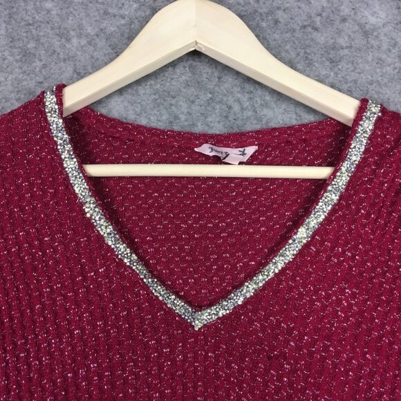 Juicy Couture Top M Long Sleeve Swing Waffle Knit Embellished Bling Raw Edge Red - Picture 6 of 12
